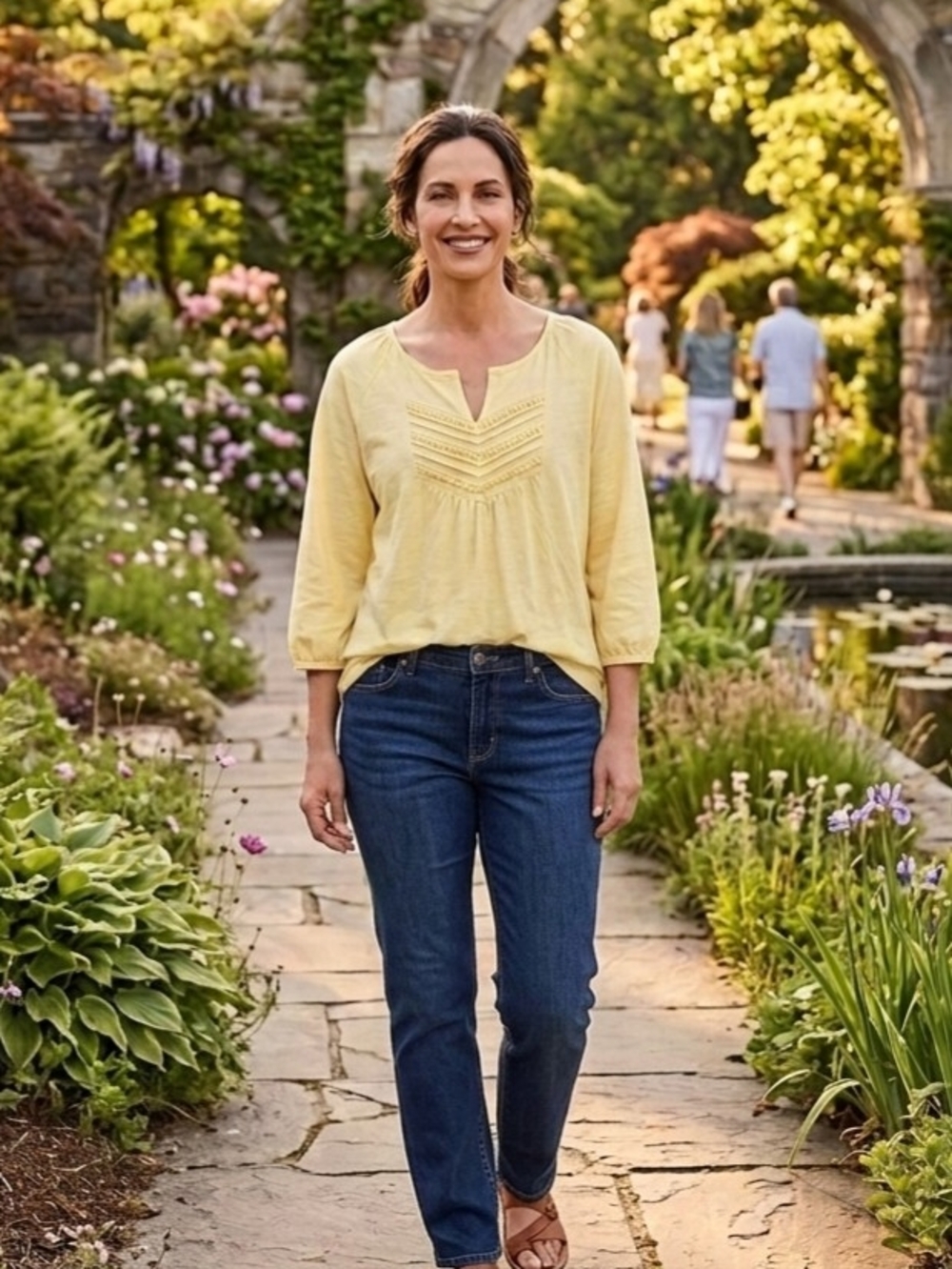 croft & barrow Light Yellow Peasant Tunic with Crochet Yoke